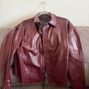 7 For All Mankind Maroon Leather Shirt Jacket